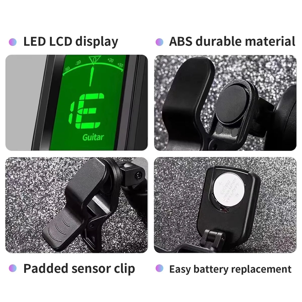 Professional Clip-On Guitar Tuner with LCD Display – 360° Rotatable