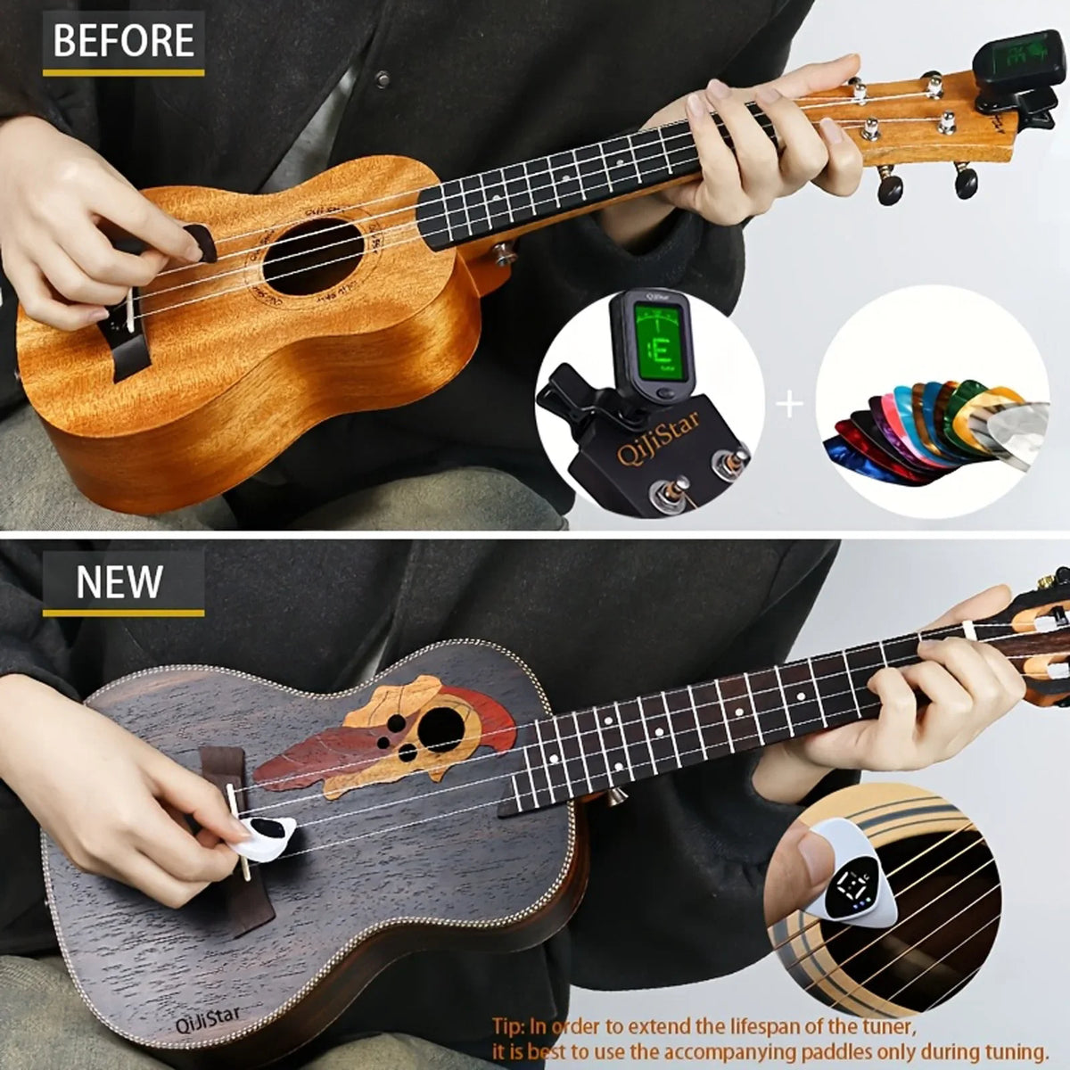 2-in-1 Guitar Pick & Digital Tuner – Portable Tuning Tool for Guitar & Ukulele